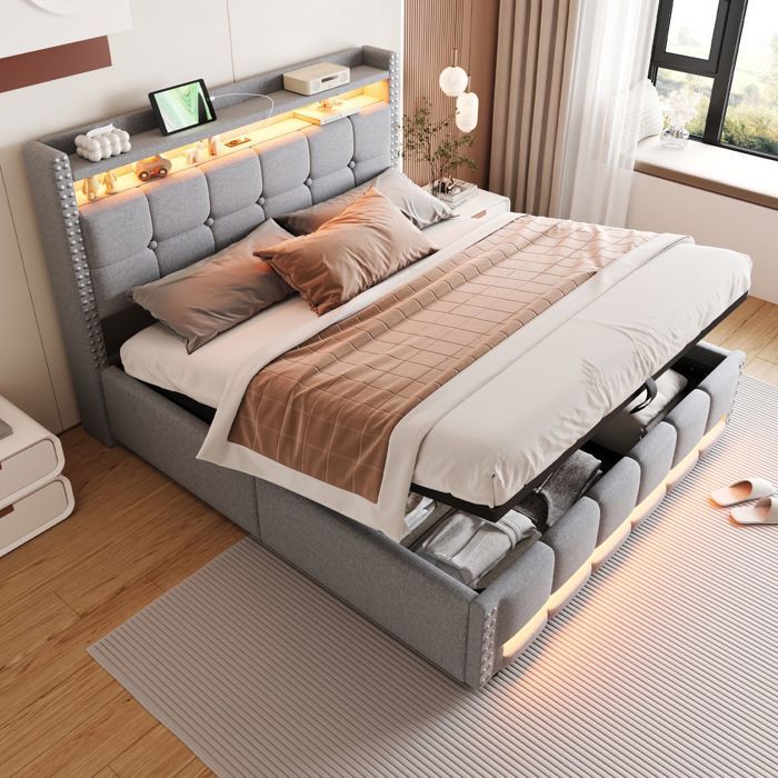 Lit coffre 160x200 ouverture hydraulique tête de lit rangement LED multicolore ports USB revêtement lin gris clair