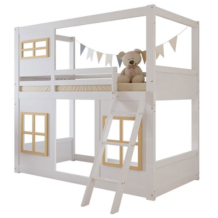 Lit Superposé Enfant 90x200 Pin MDF Blanc Naturel Fenetres Decoratives Cloture 4 Faces - Sans Matelas Lit Superposé Enfant 90x200 Pin MDF Blanc Naturel Fenetres Decoratives Cloture 4 Faces - Sans Matelas