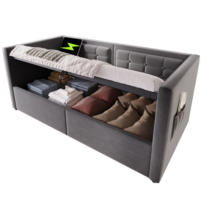 Lit canapé 90x200 cm gris en velours avec espace de rangement hydraulique et station de charge USB & Type-C sommier lattes bois