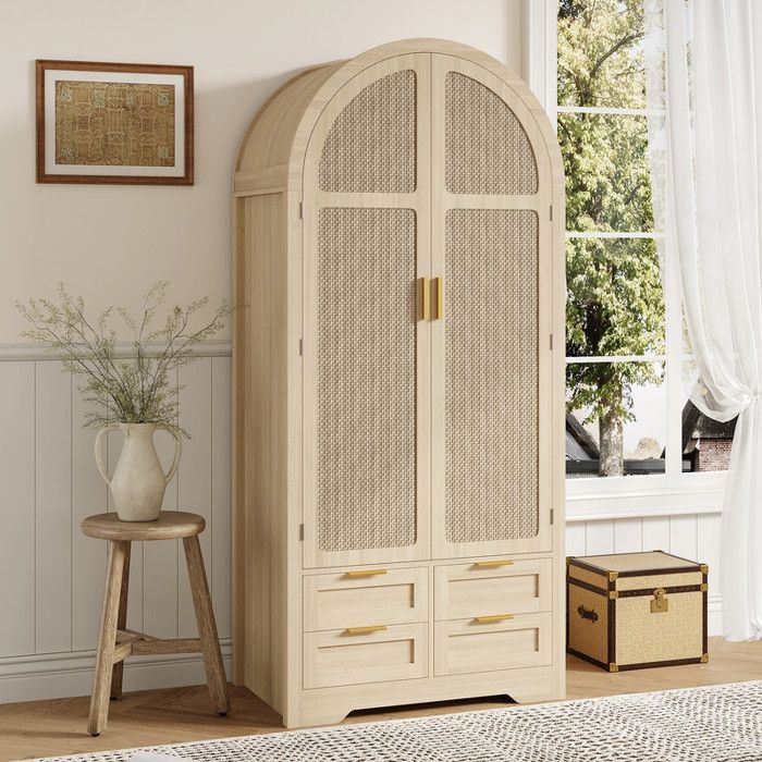 Armoire moderne à portes courbes 80 x 50 x 179 cm avec ringle et tiroirs espace penderie ouvertespace de rangement généreux
