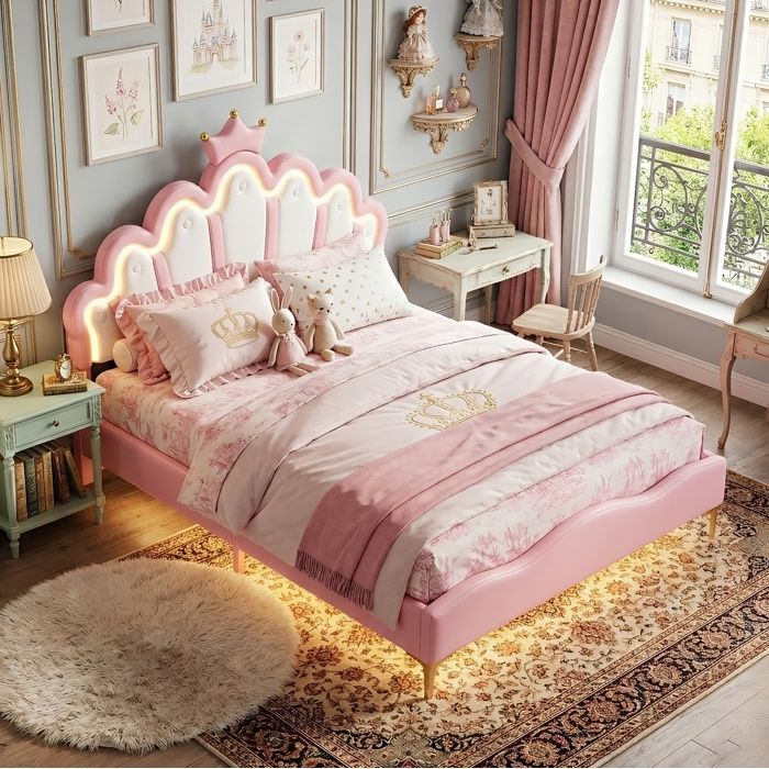 Lit enfant princesse 140x200cm - Tête de lit couronne nuage - LED RGB réglable sous le lit - En Simili Cuir PU Rose