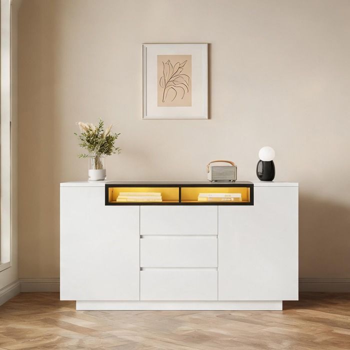 Meuble TV design contemporain en panneau de particules soft white et noir avec éclairage LED connecté L. 140 cm