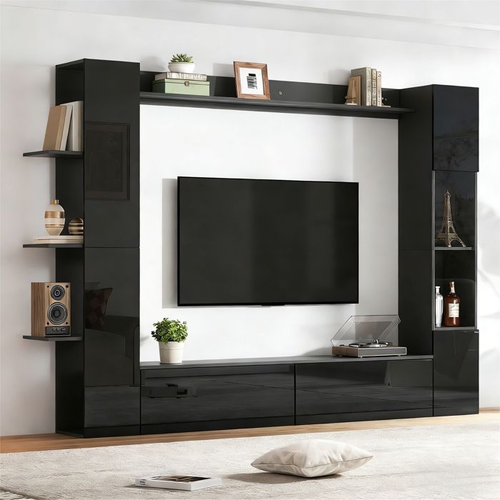 Ensemble de Muebles de Salon Meubles de Salon Modernes Polyvalent Meuble TV Vitrine Armoire de Rangement Mur Multimédia Noir
