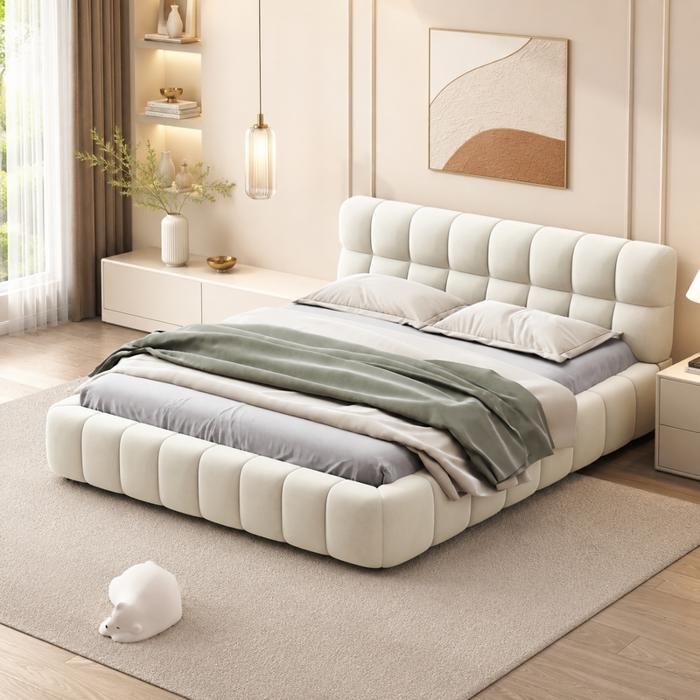 Lit Bulle Double 140x200 cm en Lin Lit rembourré avec Tête de Lit Capitonnée et Sommier à Latteslit adulteBeige