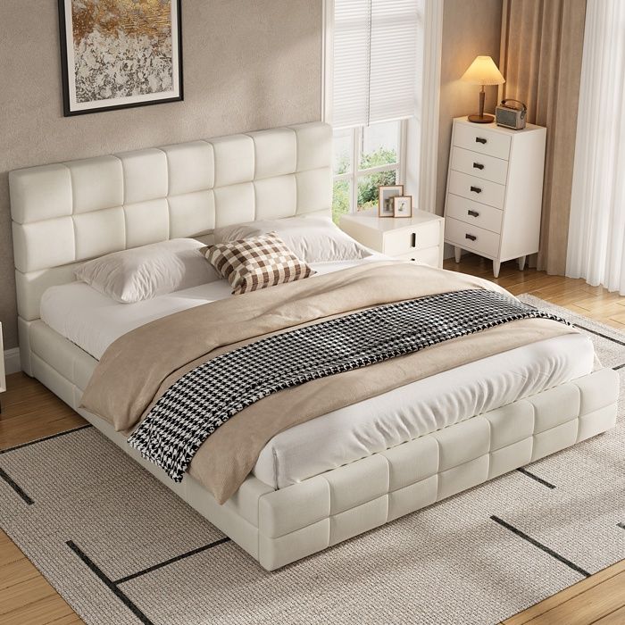 Lit double lit plateforme combine de style moderne 180 x 200 cm avec tête de lit rembourrée Velvet blanc