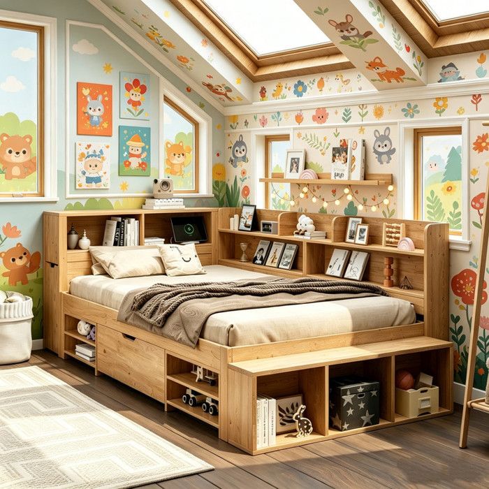 Bladez - Lit combiné 140x200 cm lit enfant avec prise électrique - Lit coffre avec table de chevet - Lit multifonctionnel - Naturel
