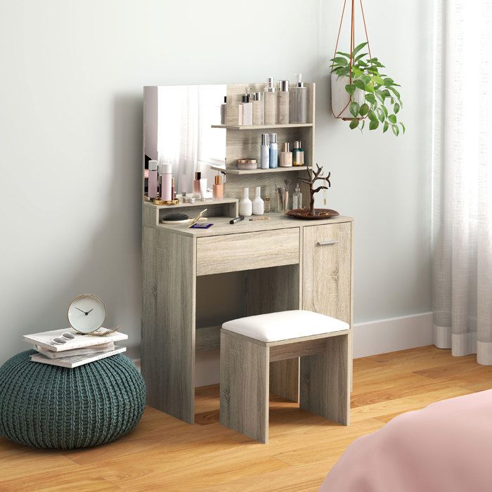 Coiffeuse de maquillage - avec tabouret - miroir inclus - étagères ouvertes - naturel et beige