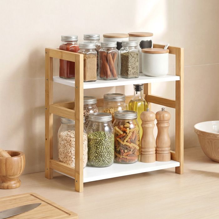Étagère à épices à 2 niveaux organiseur de cuisine en bambou pour bureau et salle à manger blanc