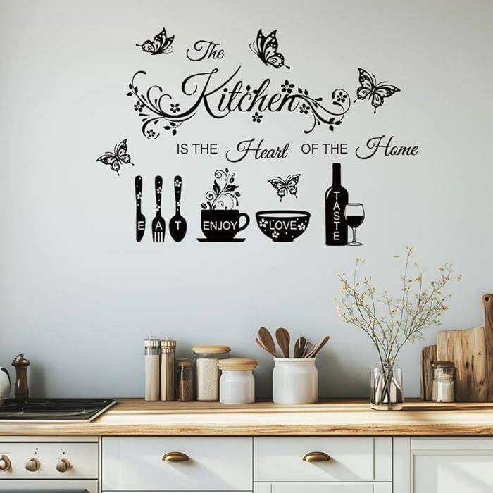 Autocolnt MurauxStickers Muraux Décoratifs pour CuisineAutocolnt Mural Citation Küchenutensilien Und Schmetterling
