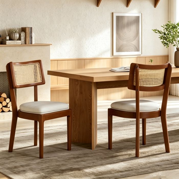 Lot de 2 Chaises de Salle à Manger en Bois Massif avec Dossier en Rotin Chaise de Cuisine Rembourrée Style rétro Moderne Noyer