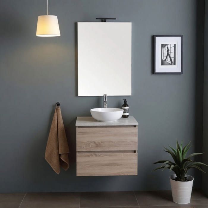 Meuble de salle de bain suspendu 60cm avec plateau effet béton miroir et lampe  Berlin