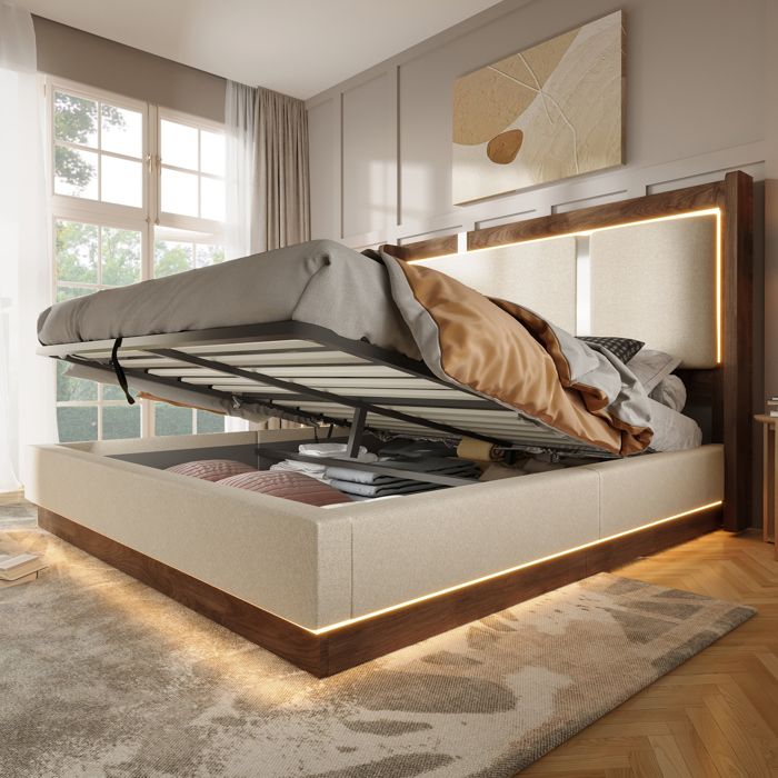 WUVRIE Lit double 140x200 avec sommier à lattes LED intégrée coffre hydraulique tissu lin beige et noyer