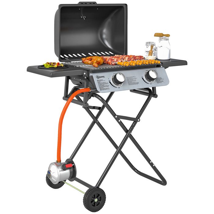 Barbecue gaz 56KW noir 101x50x102cm 2 brûleurs inox pliable roues