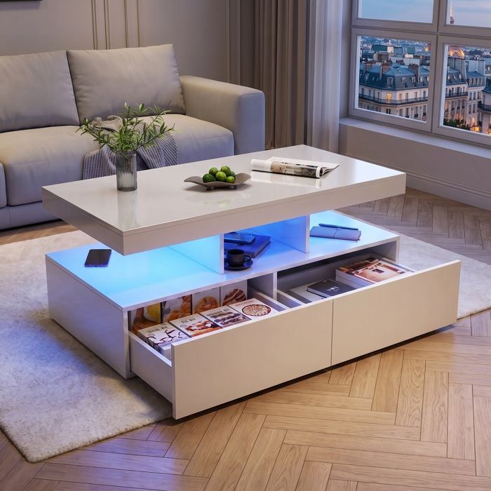 Table Basse Moderne Blanc Laqué à LED pour Salon Coffee Table avec 2 Tiroirs et Grand Espace de Rangement 104 x 53 x 46 cm