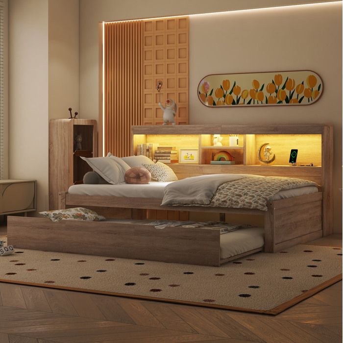 Lit combiné enfant 90×200 cm avec LED intégrée rangement latéral prise USB et tiroir - LPOSPI - sans matelas naturel