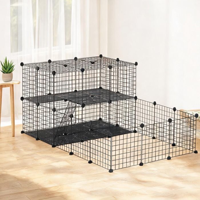 Enclos modulable noir en résine PP pour petits animaux 2 niveaux 45 panneaux 175 x 105 x 70 cm