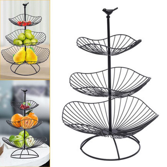 Corbeille à Fruits à 3 Étages Panier en Métal pour Légumes Étagère sur Pied en Fer Plateau Décoratif et de Service