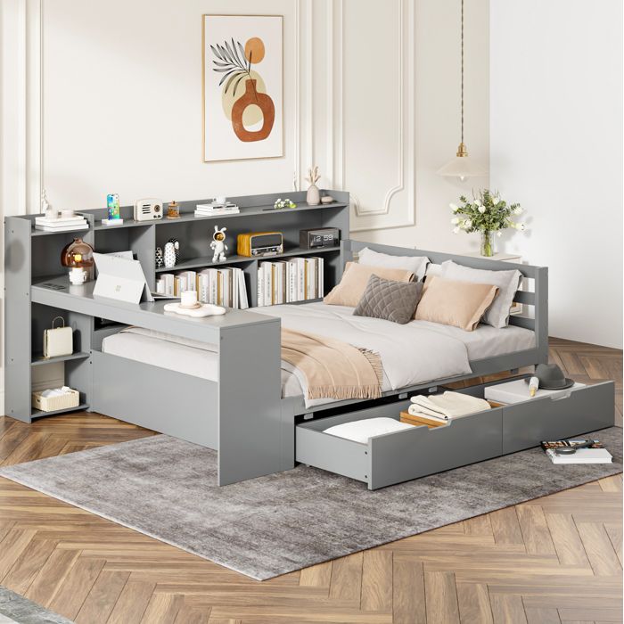 COVREO Lit combiné 140x200 cm en bois bureau intégré étagères bibliothèque tiroirs et prise USB gris