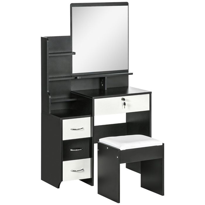 Ensemble de coiffeuse table de maquillage avec tabouret rembourré miroir + plusieurs étagères ouvertes + 4 tiroirs blanc noir