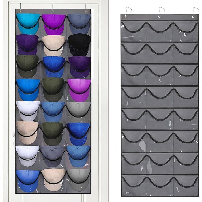Porte Casquette Mural 24 Poches Organisateur Casquettes Baseball Étagère Porte Ranger Collection (Gris)