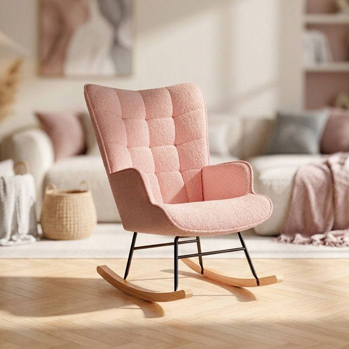 fauteuil à bascule tissu bouclette rose rocking chair avec rembourré et pieds bois massif fauteuil relax pour salon et chambre