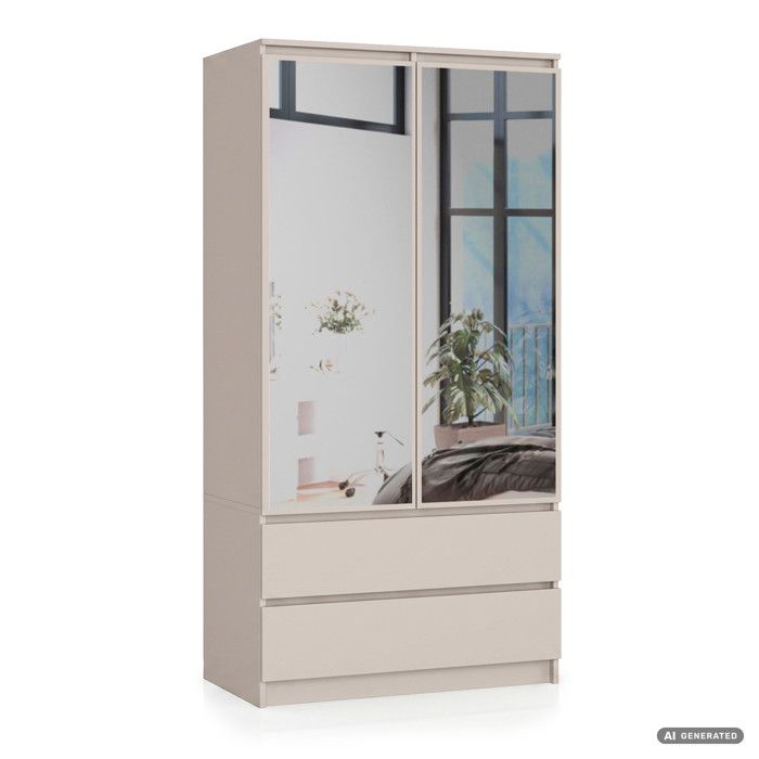 Armoire AKORD S90 avec miroir Cachmire 90 cm 2 portes 2 tiroirs façade Cachmire 4 étagères 90x51x180 cm Armoire AKORD S90 avec miroir Cachmire 90 cm 2 portes 2 tiroirs façade Cachmire 4 étagères 90x51x180 cm