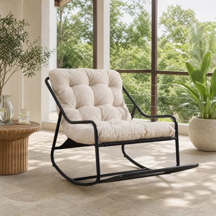 Fauteuil à bascule rocking chair coussin épais acier thermolaqué blanc noir 116 x 82 x 75 cm JOINERY