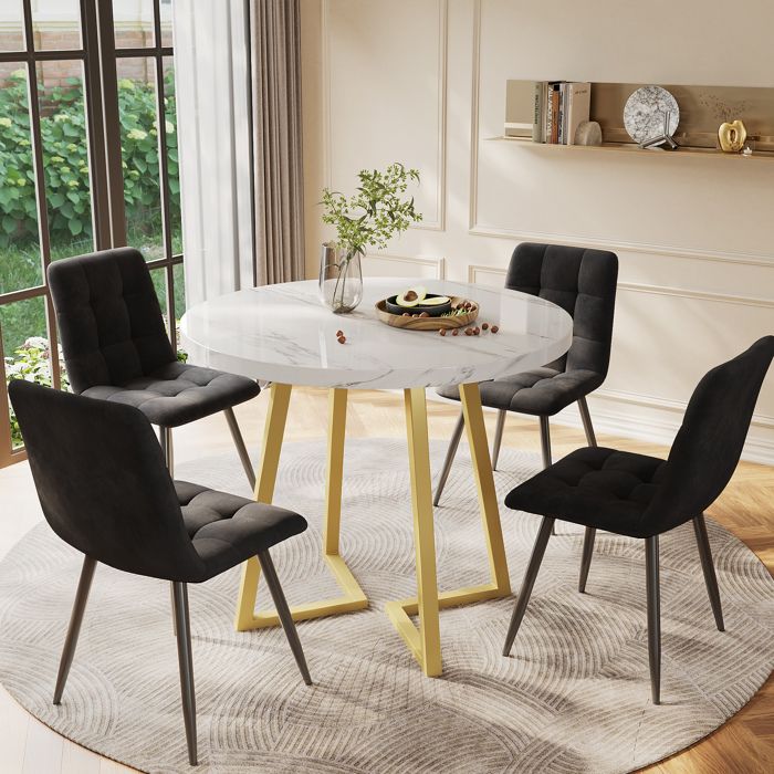 Ensemble table et chaises multicolore 80 x 80 x 75 cm plateau effet marbre 4 chaises velours pieds métal dorés