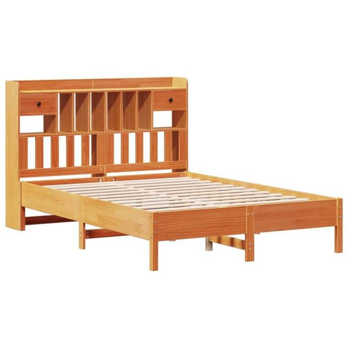 Lit bibliothèque 160 x 200 cm en bois de pin massif cire marron - 2 personnes - Sans matelas - Sommier à lattes - Tiroirs intégrés_F