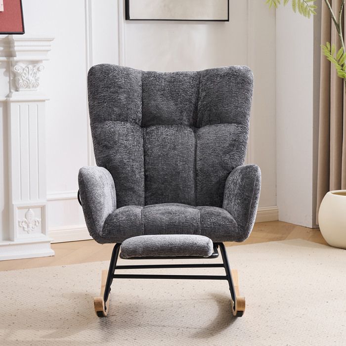 Maisentiel Fauteuil à bascule en chenille gris foncé dossier haut accoudoirs repose-pieds intérieur