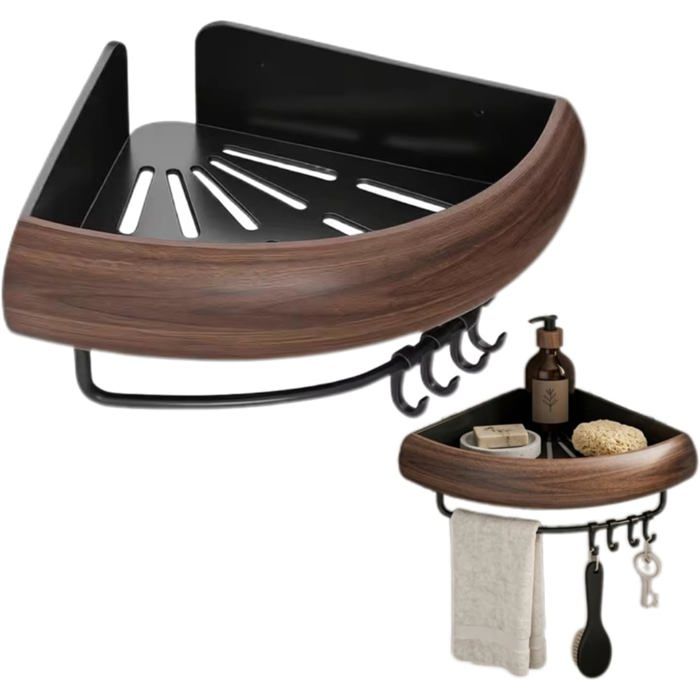 Support d’angle de douche sans perçage étagère murale 1 niveau avec crochets et barre rangement salle de bain effet bois