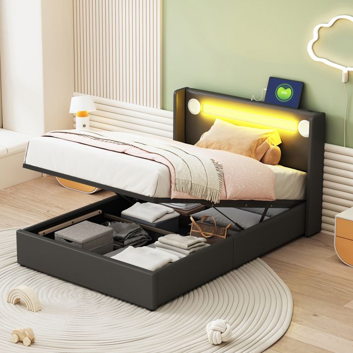 Lit enfant 212.5x96.5x103 cm Noir PU avec coffre hydraulique LED et Bluetooth