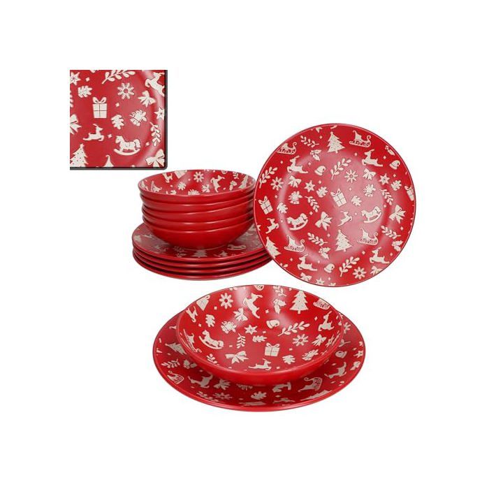 Service de table - MAMBOCAT - Advent - 12 pièces (6 pers.) - Grès - Motifs de Noël rouge