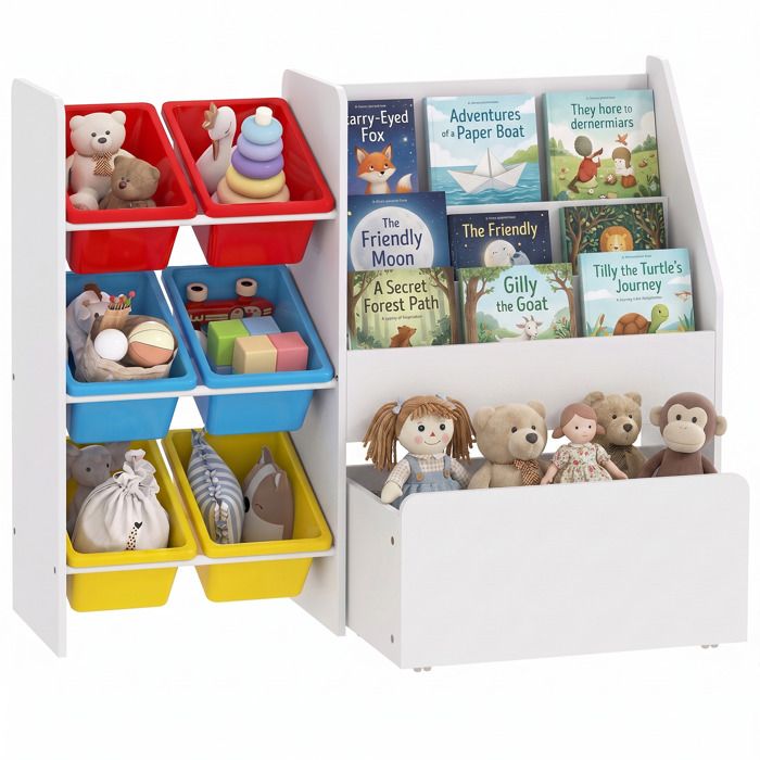 Meuble rangement enfant - AIYAPLAY - 6 bacs amovibles et grand coffre à roulettes - bois - 100x30x80cm - multicolore Meuble rangement enfant - AIYAPLAY - 6 bacs amovibles et grand coffre à roulettes - bois - 100x30x80cm - multicolore