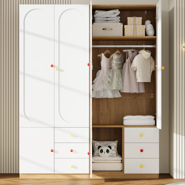 Armoire penderie enfant 80x50x200 cm portes à design arqué 3 tiroirs poignées en céramique colorée tringle à vêtements Lot de 2