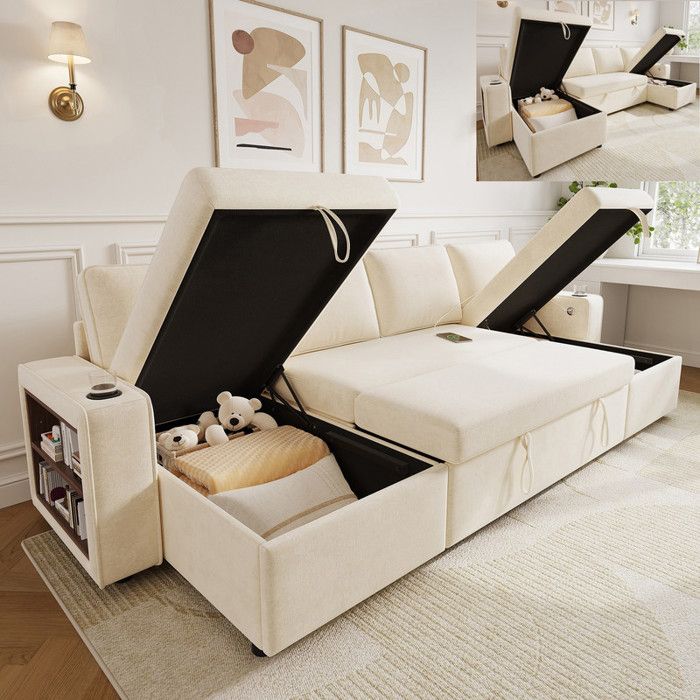 Canapé-lit convertible 4 places Canapé dangle en chenille avec rangements 2 porte-gobelets ports USB 4 coussins beige
