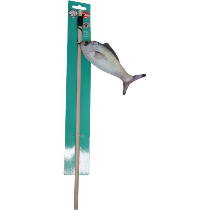 Aime Canne a peche pour chat jouet en bois gris avec poisson en feutrine 15 cm
