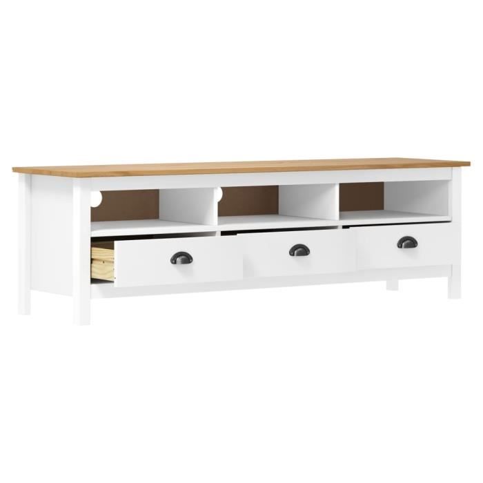 Meuble TV vintage ARAMOX - Hill Range Blanc - Bois de pin massif - 3 étagères et 3 tiroirs