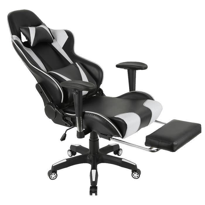 Chaise De Bureau Siege Gamer Ergonomique Appui Dos Inclinable Avec Repose Pied Blanc Et Noir Prix Pas Cher Cdiscount