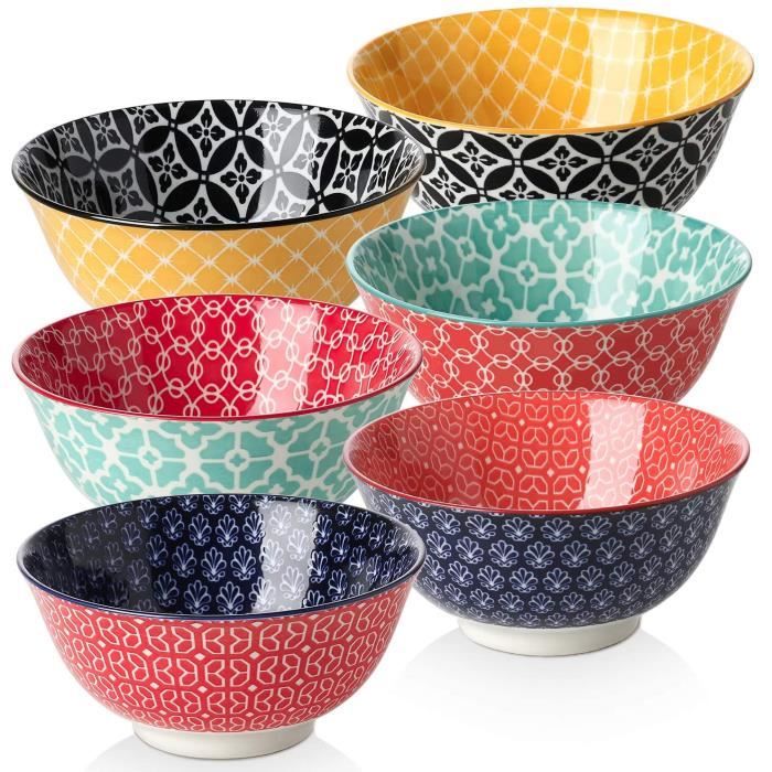 Lot De 6 Bols En Céramique Multicolores - 650ml - Micro-ondes & Lave-vaisselle - Pour Céréales, Soupe, Glace