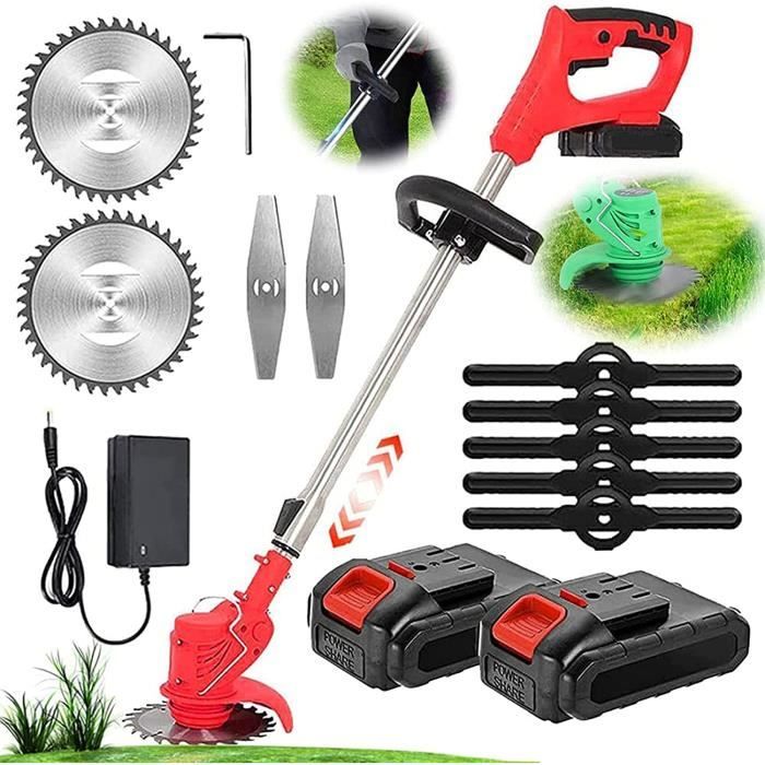 SMILOVII Débroussailleuse Électrique Sans Fil 24V, Coupe Bordure Sans Fil Avec 2 Batteries 2000mAh, 6 Lames Métal & 10 Lames Plastique Pour Jardin