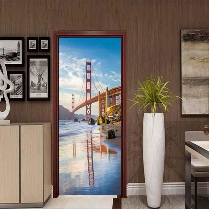 Sticker Porte Effet 3D - Beau Paysage De Pont Rouge Murale De Porte 95X215 Cm - Adhésif