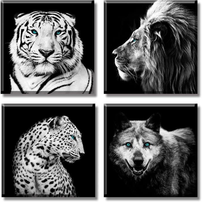Tableau Mural Toile 120x60 Cm - Deux Loups Noir Et Blanc - Photo Animaux Sauvages - Prêt à Accrocher - 8