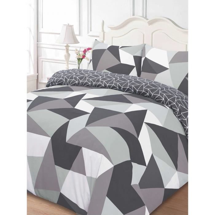 Parure De Lit Double Flanelle Coton 100% – Gris Taupe Géométrique Rayé, Drap Plat 250x290 + Housse 175x200