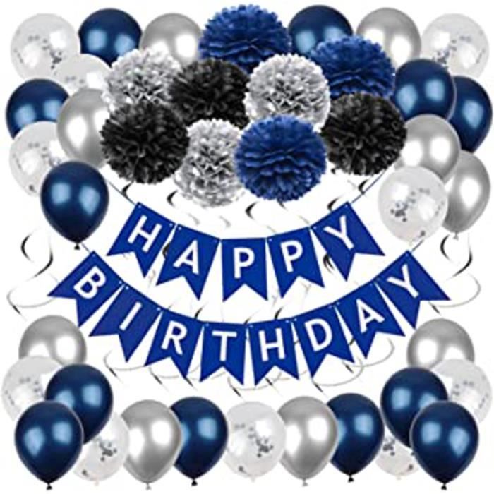 Decoration Anniversaire Homme Bleu Marine Banderole Joyeux Anniversaire Ballon Anniversaire Bleu Fonce Argent Pompons En Papier Po Cdiscount Maison