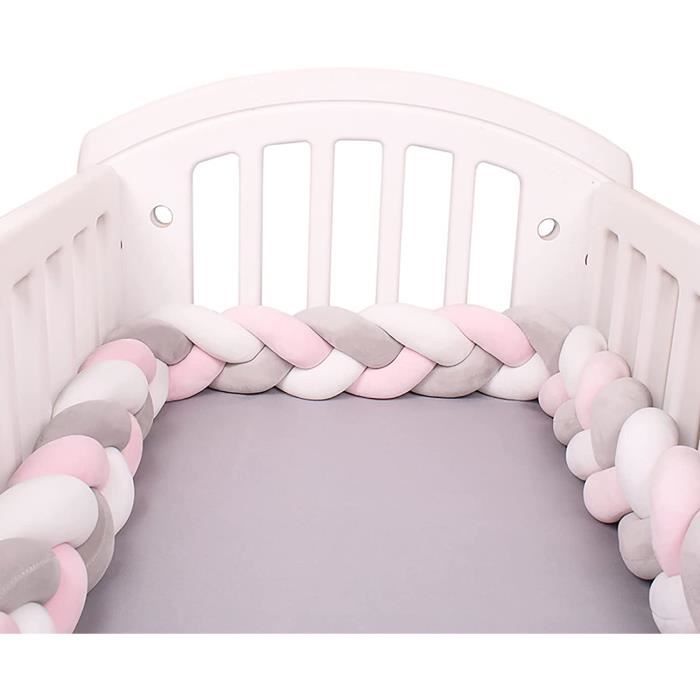 Tour De Lit Tresse - Douce Tour de lit bebe 2M avec Cordon dattache - Rose Gris Blanc - Peluche - Coton PP
