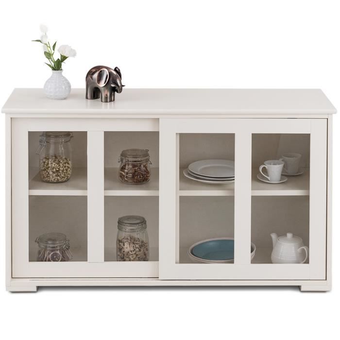 Costway Buffet De Cuisinecommode De Rangement En Bois Avec Porte Coulissante En Verre Trempé Et Etagère Réglable Blanc