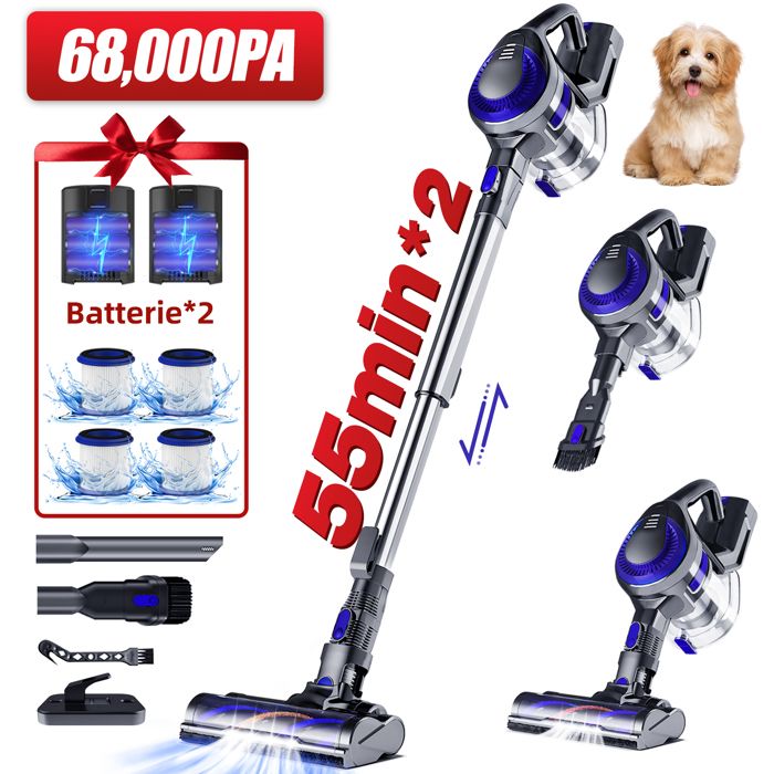 Aspirateur Balai Sans Fil 68000 Pa Multifonctions 8 en 1 -650W Moteur sans Balai -110 Min Autonomie Batterie Amovible - Daccormax