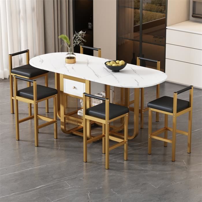 ensemble table de salle à manger(160x70cm) et 6 chaises, table extensible et chaises en mdf blanc et cadre en fer, luxe - doré