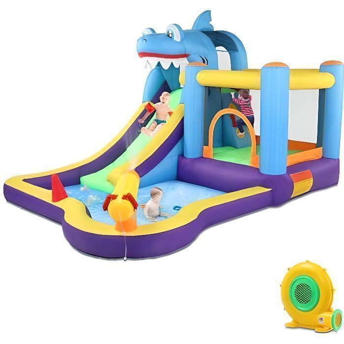 Château Gonflable 9 En 1 Avec Toboggan Aquatique, Bassin, Mur D'Escalade Et Panier De Basket – Pour Enfants 3-10 Ans